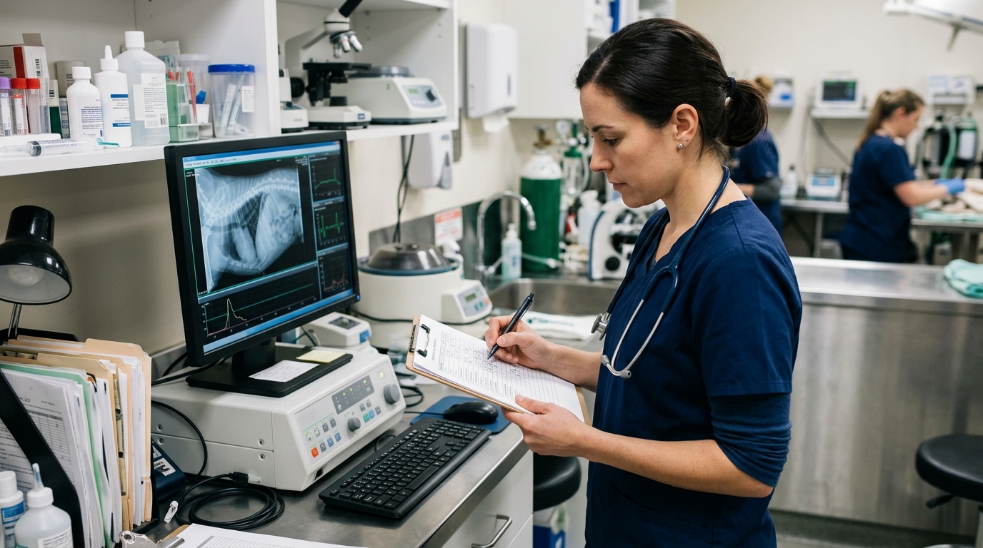 Veterinary professional reviewing a printed maintenance checklist next to a diagnostic workstation in a clinical setting.