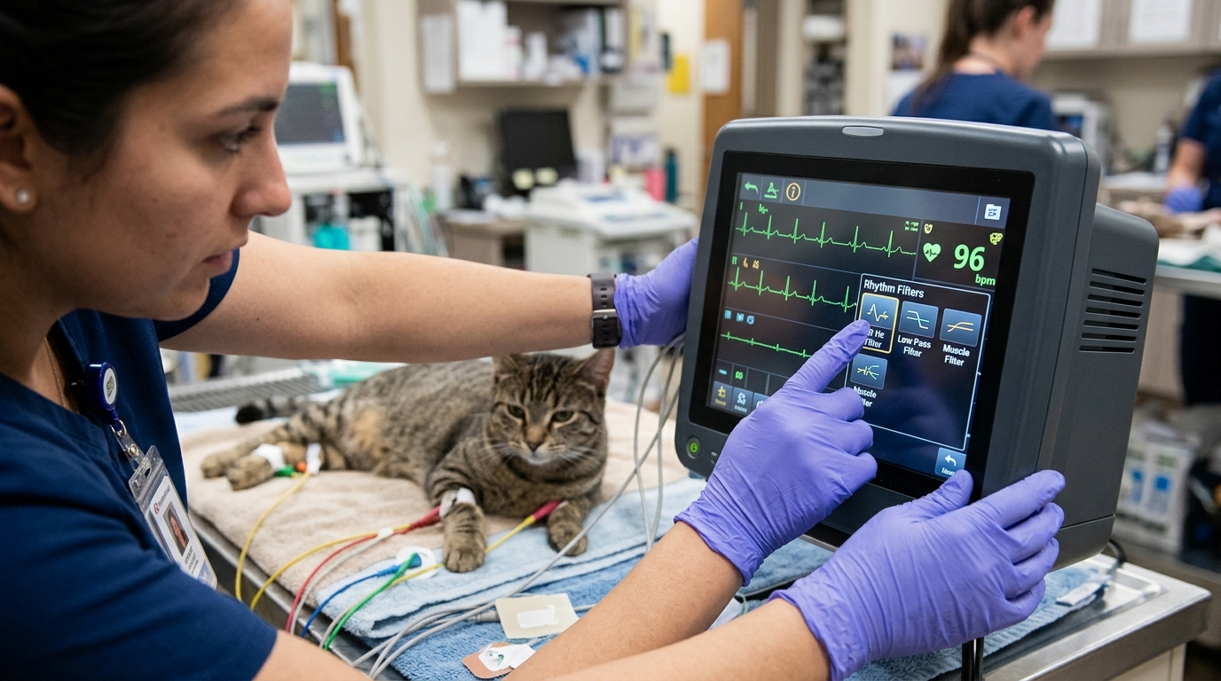 Close-up of a veterinary technician operating the touchscreen interface of a diagnostic electrocardiograph, selecting specific rhythm filters for a feline patient.