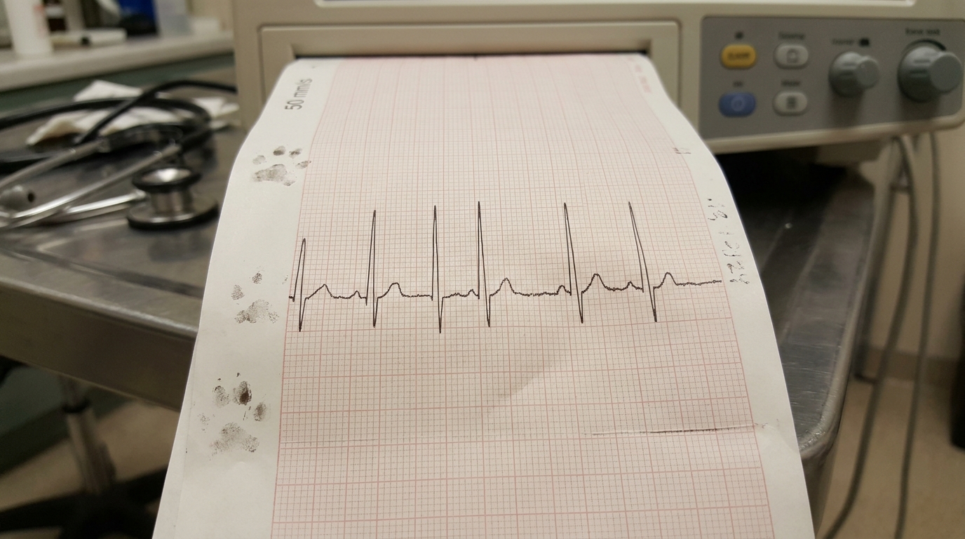 Veterinary thermal printout displaying clear QRS complexes at 50 millimeters per second sweep speed to properly separate rapid feline heartbeats.
