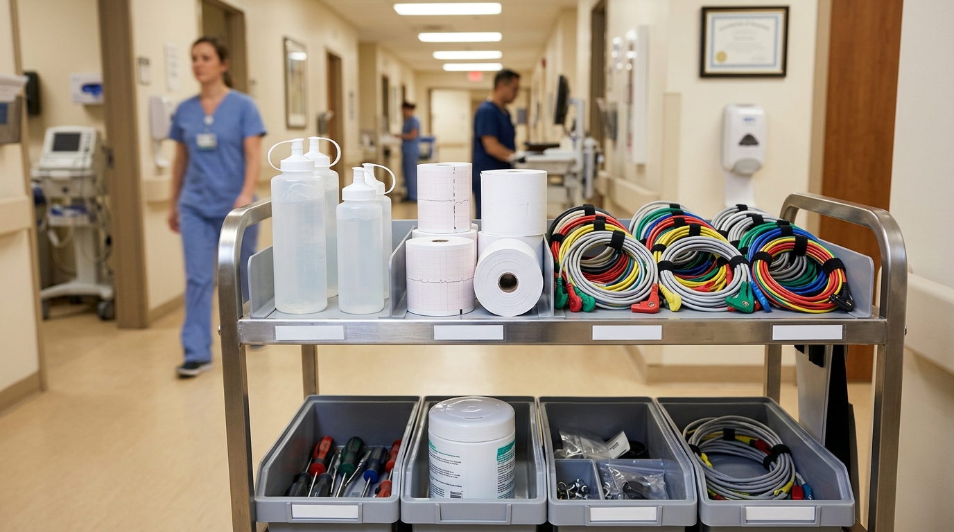 Maintenance kit for diagnostic medical equipment showing conductive gel, thermal paper rolls, and replacement patient lead cables neatly organized on a cart.