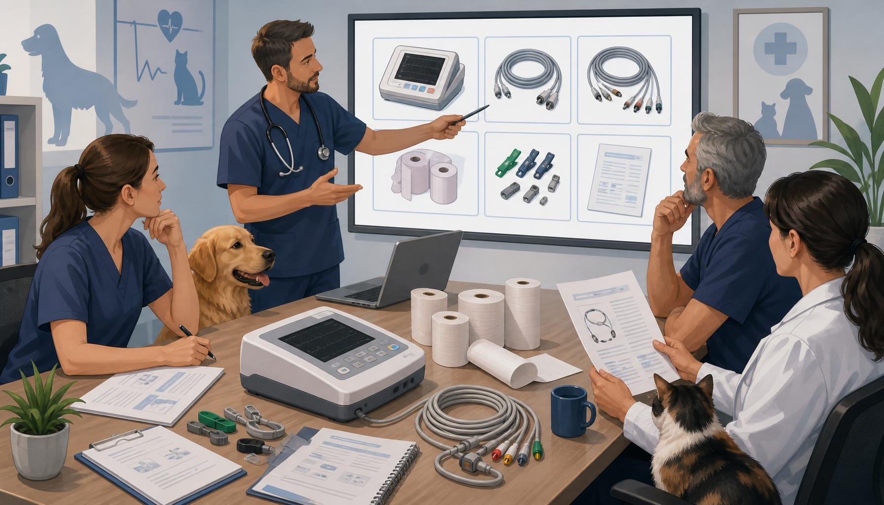 AI-generated illustration: AI-generated illustration of a veterinary clinic procurement meeting reviewing an ECG machine accessory list, electrical connections, paper rolls, patient cable, and supplier service documents.