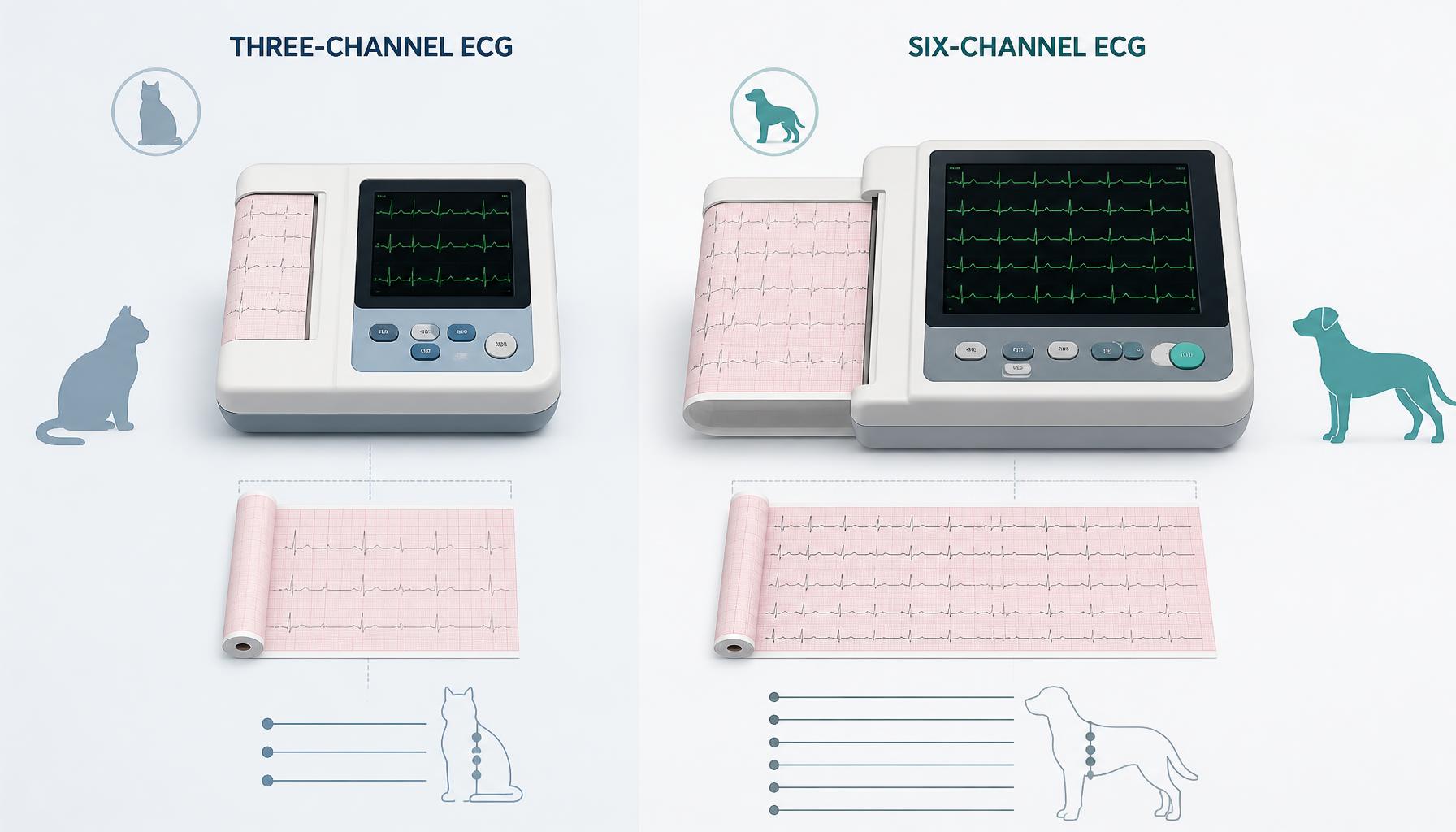 AI-generated illustration: AI-generated illustration comparing a compact three-channel veterinary ECG machine and a larger six-channel unit, showing different paper widths and screen sizes without brand labels.