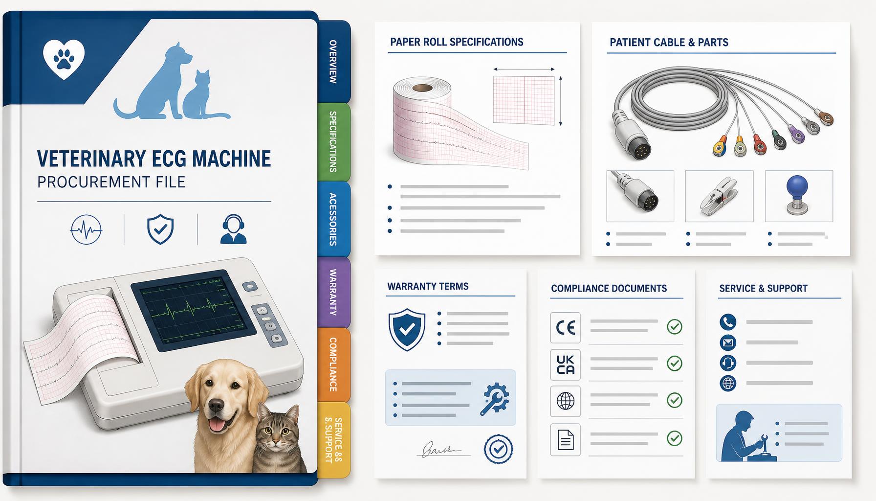 AI-generated illustration: AI-generated illustration of a veterinary ECG machine procurement file with paper-roll specifications, patient cable parts, warranty terms, compliance documents, and service contact information.