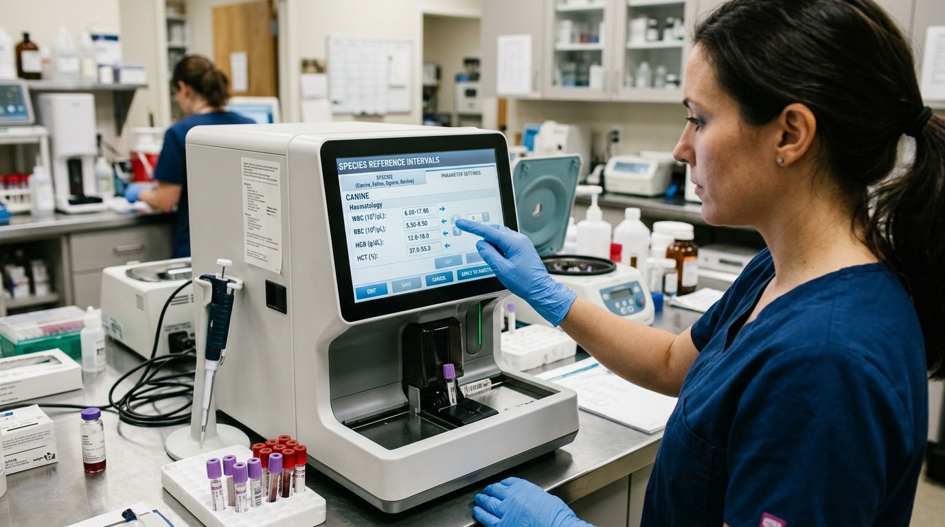 Veterinary technician adjusting species specific reference intervals on a laboratory hematology analyzer interface to reduce false positive alerts.