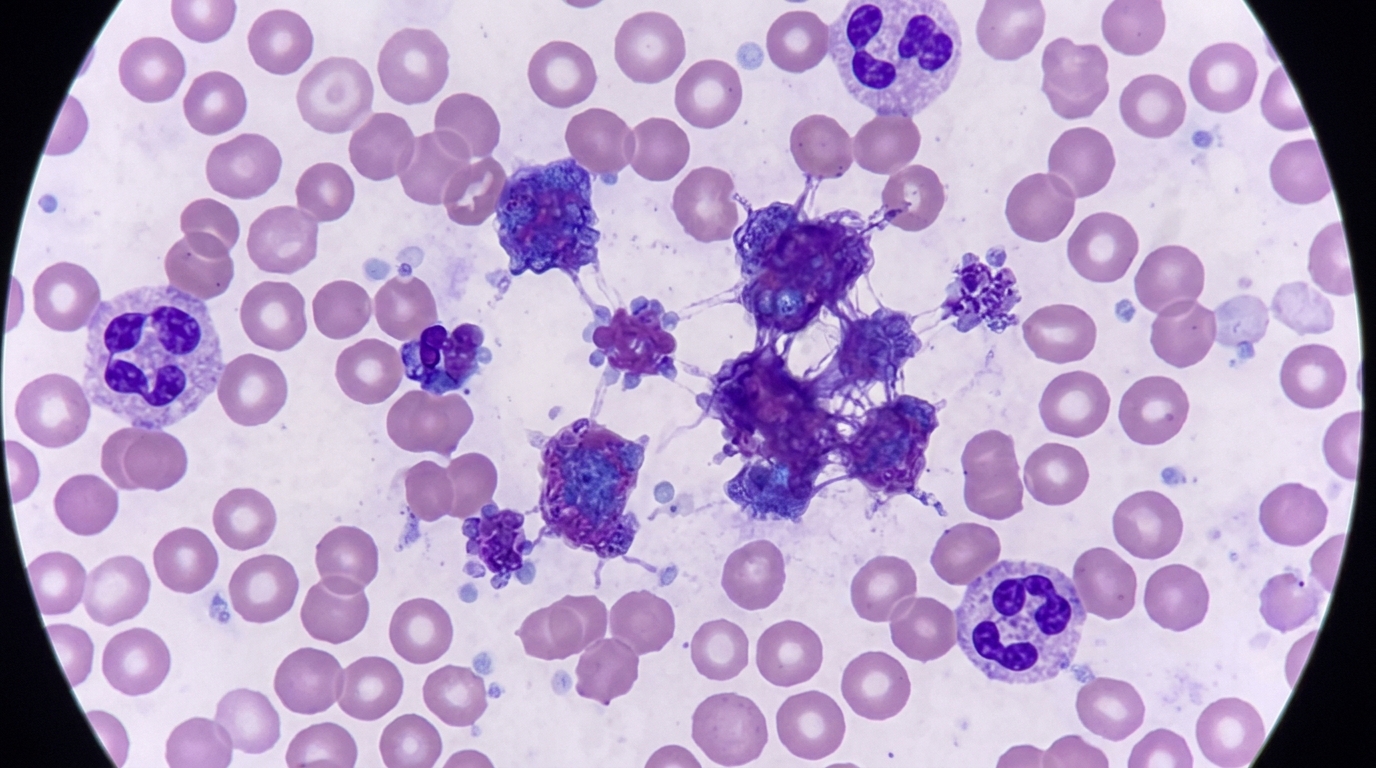 Microscopic view of a feline blood smear highlighting platelet clumps often responsible for automated analyzer thrombocytopenia flags.