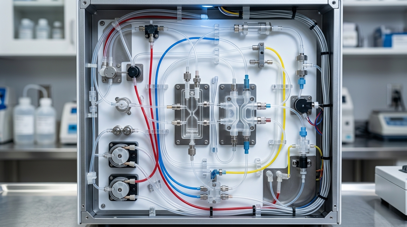 Internal fluidic system of a veterinary hematology analyzer showing the precise tubing and counting chambers required for daily background checks.
