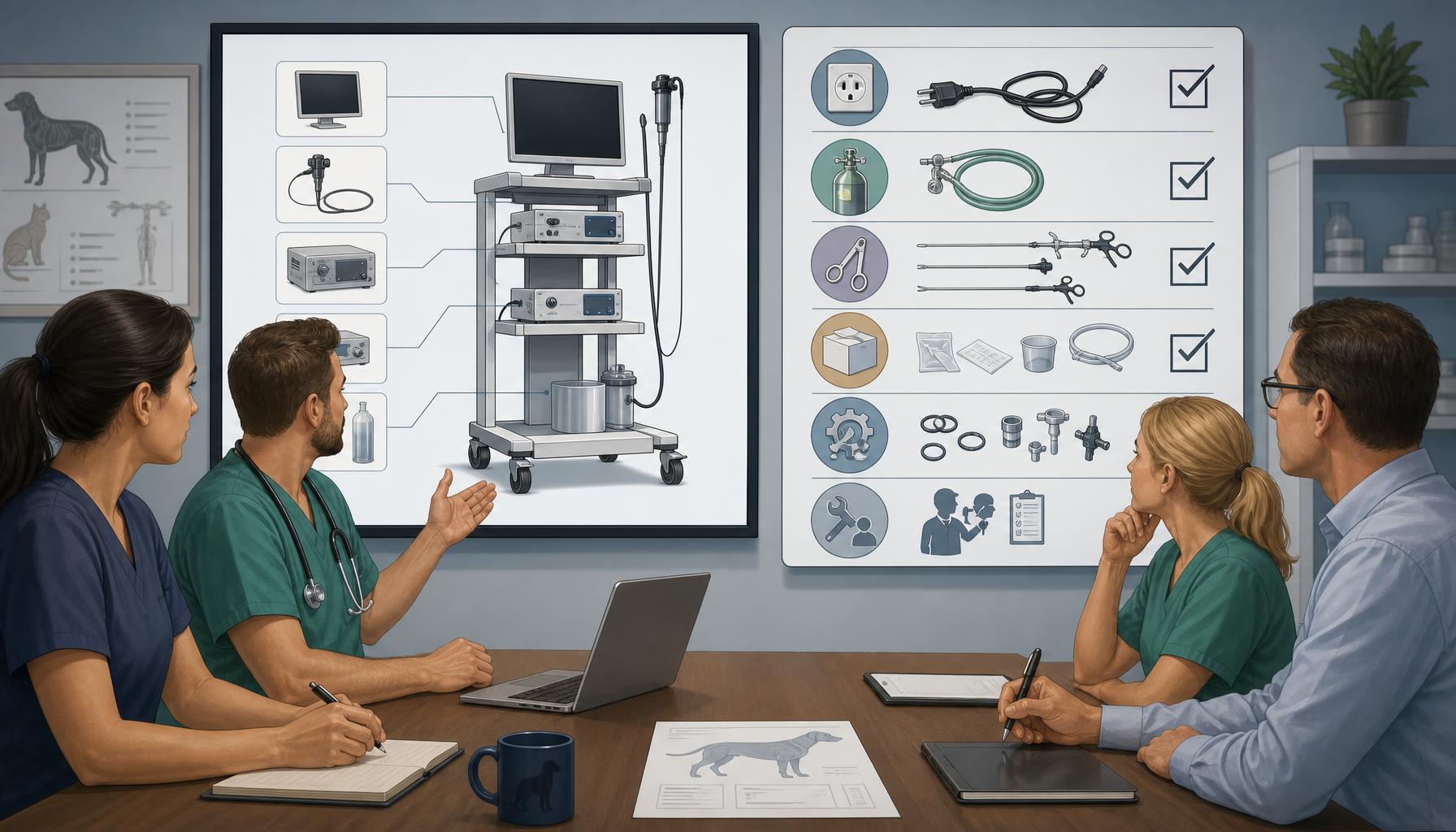 Veterinary surgical equipment procurement meeting showing a rigid endoscopy tower layout beside a checklist for electrical supply, gas connection, reusable instruments, consumables, spare parts, and service responsibilities.