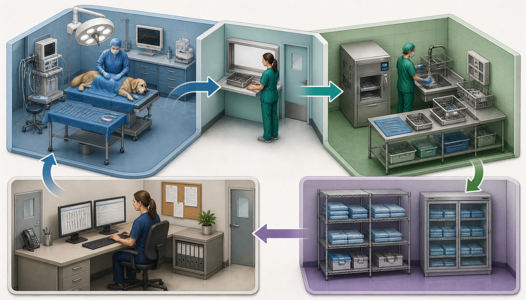 Veterinary surgery department workflow diagram showing separate zones for procedure-room equipment, reusable rigid instruments, reprocessing handoff, sterile storage, and technical service documentation.