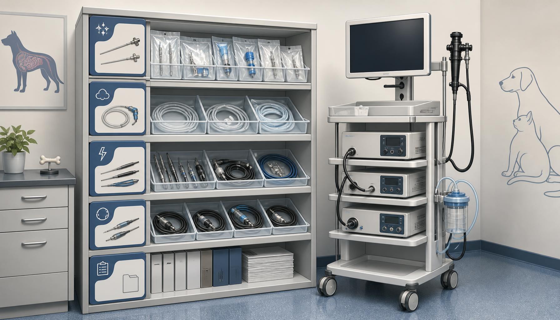 Organized veterinary endoscopy support inventory with labeled storage for sterile accessories, CO2-related tubing, electrosurgical accessories, replacement cables, and service records beside a rigid endoscopy equipment cart.