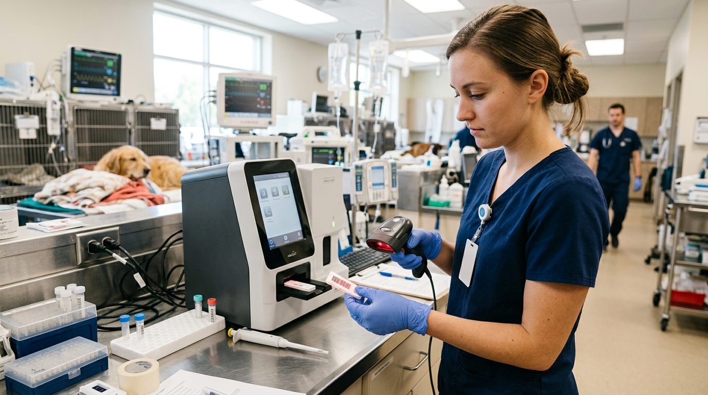 Veterinary technician scanning a diagnostic cartridge barcode before inserting it into the analyzer in a brightly lit intensive care unit.