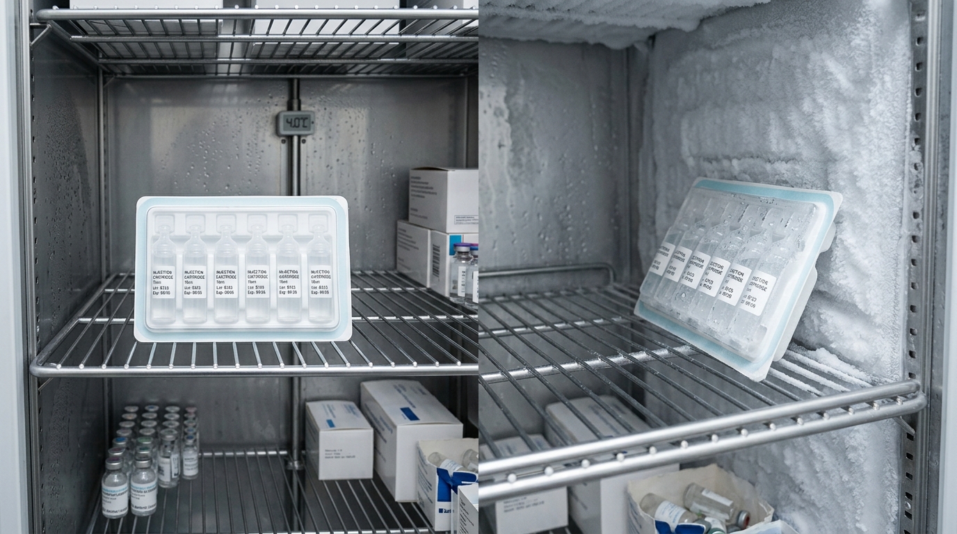 Comparative view of a correctly stored cartridge pack on a middle refrigerator shelf versus an incorrectly stored pack resting against a frost-covered back wall.