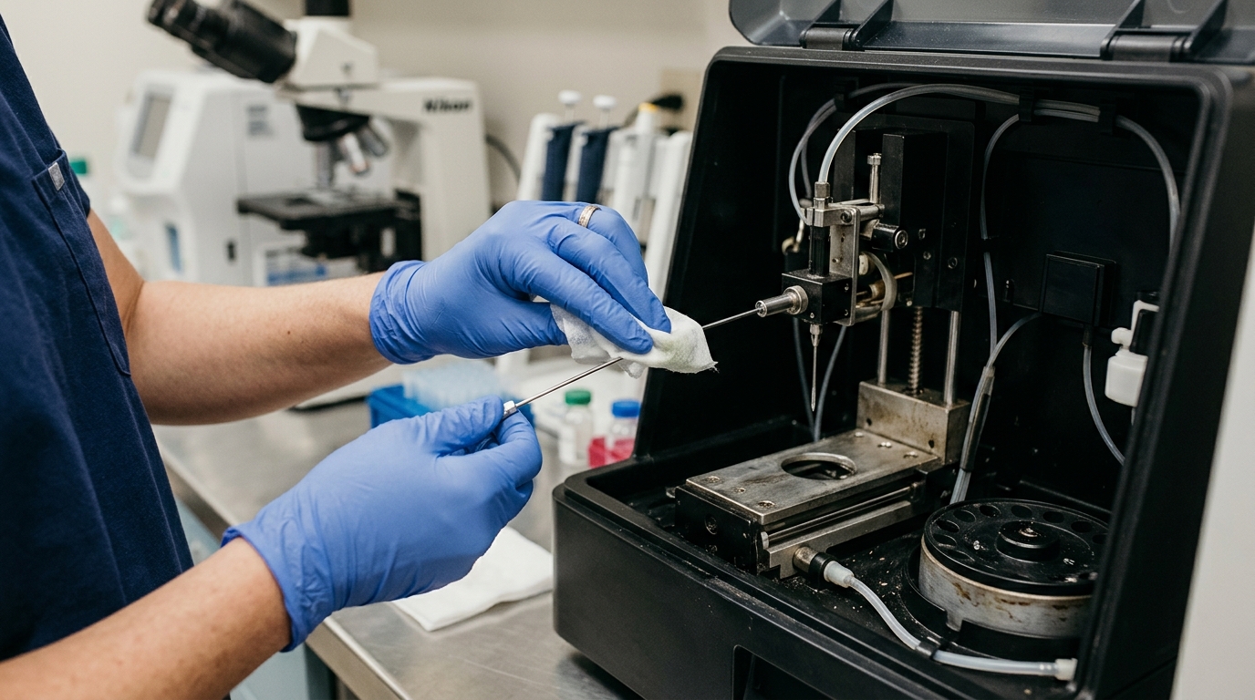 Close-up of an operator performing a daily sample probe cleaning on a veterinary diagnostic analyzer using a lint-free enzymatic wipe.