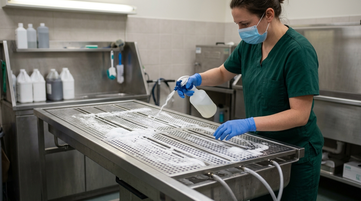 Veterinary technician applying enzymatic foam cleaner to the stainless steel grates of a disposal table, ensuring even coverage across fluid channels.