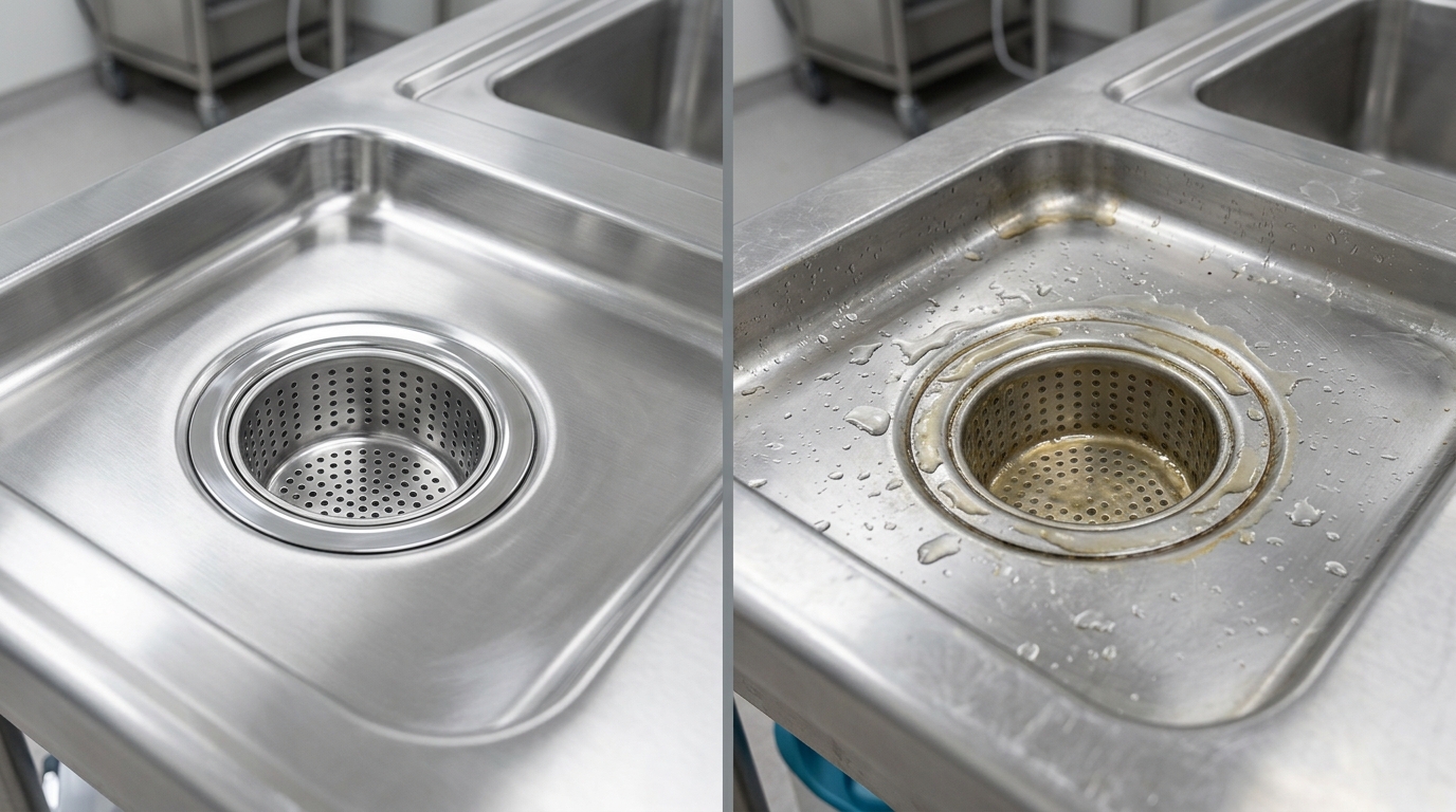 Close-up comparison of a properly sanitized disposal table drain versus one with early-stage biofilm accumulation, demonstrating the visual cues for maintenance.