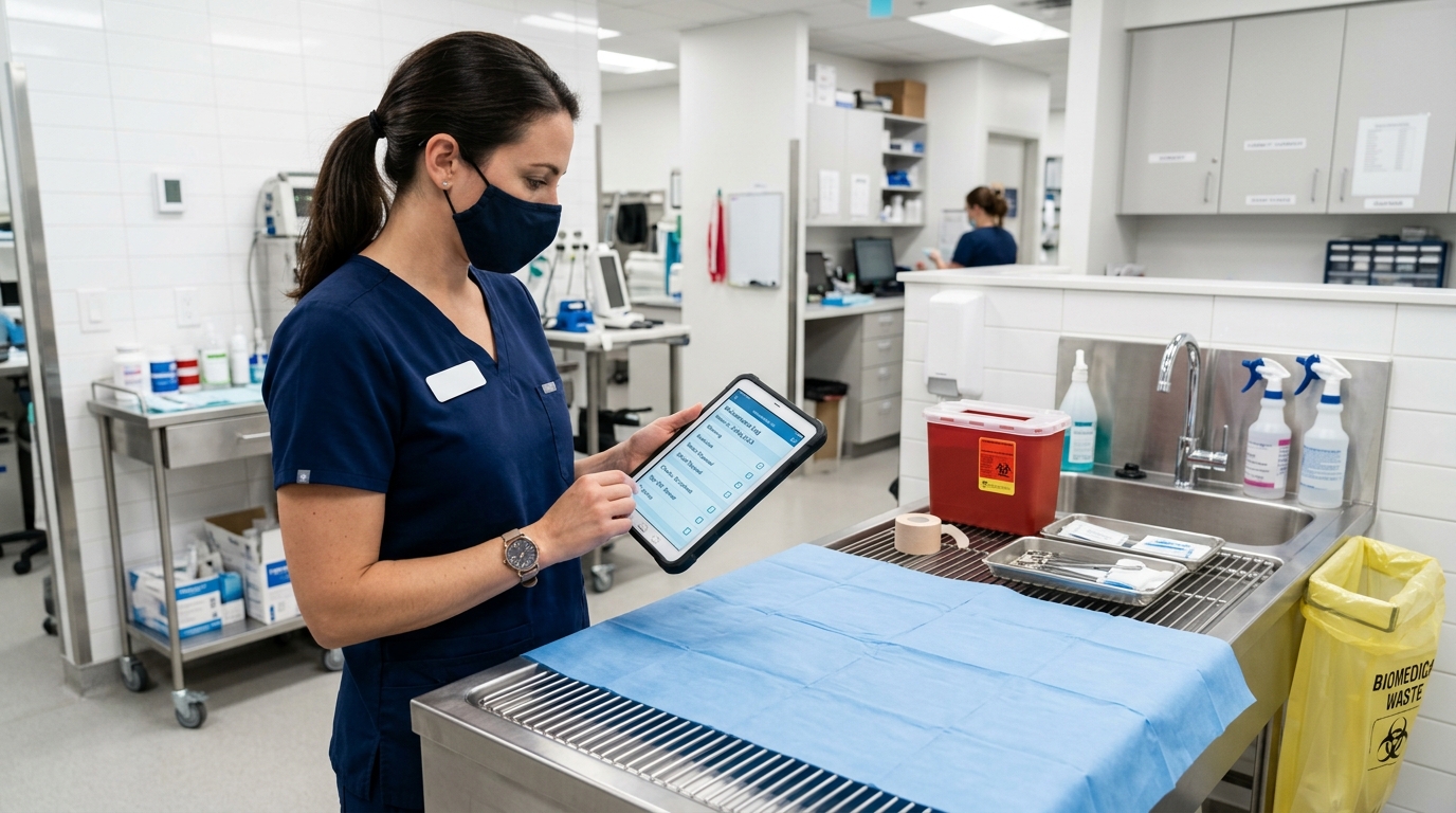 Facility manager reviewing a digital maintenance log on a tablet while standing next to a fully prepped and sanitized veterinary disposal table.