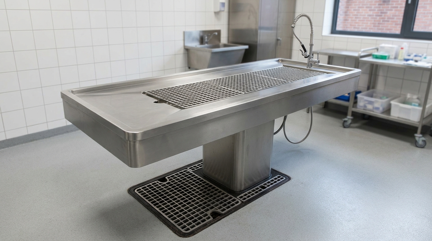 Stainless steel veterinary dissection table positioned over a central floor drain, showing the integrated slope and heavy-duty grid plates in a clinical environment.