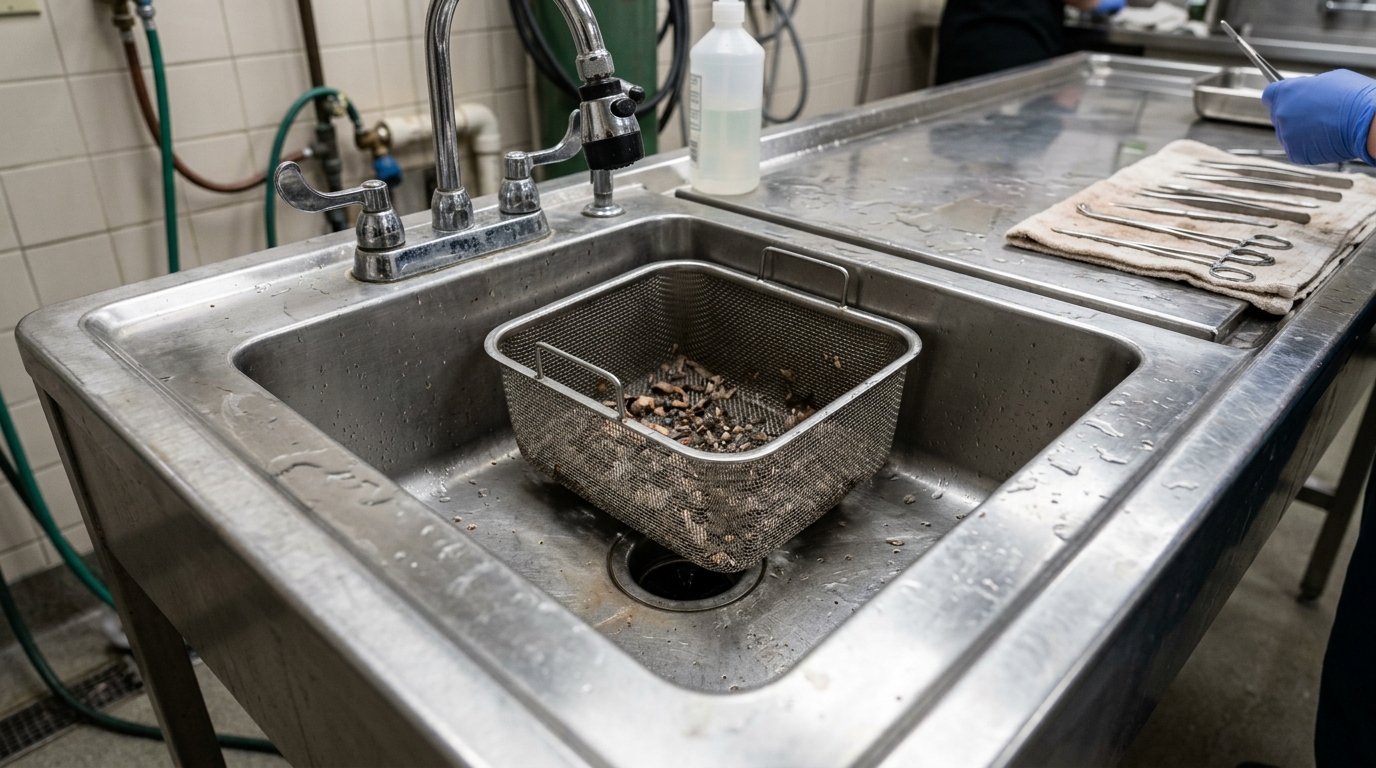 Close-up of a high-capacity sink basin attached to a veterinary dissection table, featuring a removable stainless steel mesh filter for capturing tissue debris.
