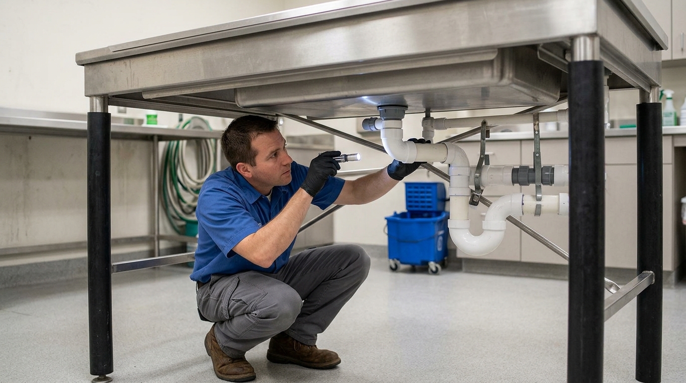Technician performing routine maintenance on a veterinary dissection table, inspecting the under-table P-trap and PVC drainage connections for potential leaks.