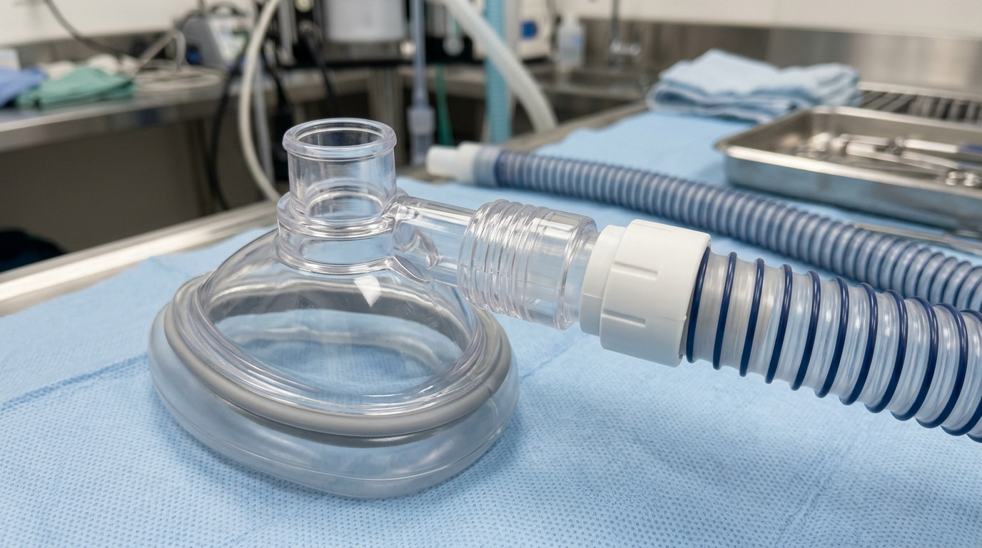 Close-up of a standard 15mm/22mm connector on a transparent veterinary mask, demonstrating compatibility with a standard breathing circuit.