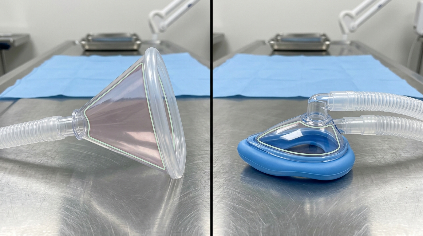 Side-by-side comparison of a standard cone veterinary mask and a specialized brachycephalic variant, highlighting the difference in internal dead space volume.