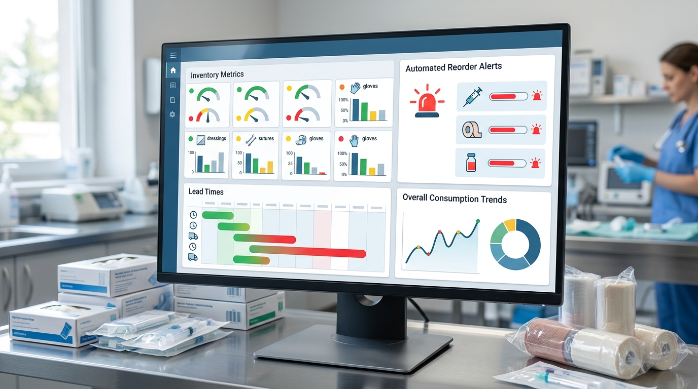 Veterinary procurement dashboard displaying inventory metrics, lead times, and automated reorder alerts for clinical consumables.