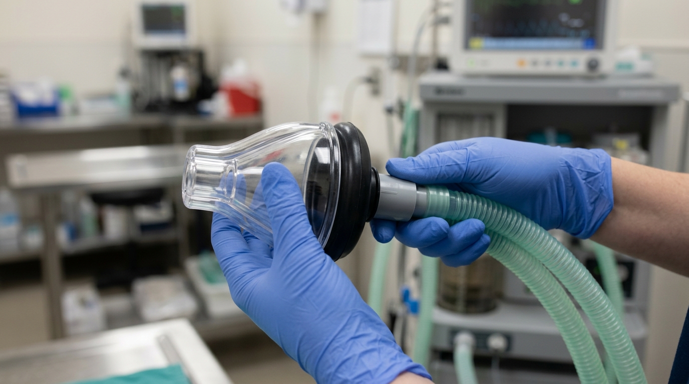 Transparent veterinary mask with a tight-fitting black silicone diaphragm being attached to an anesthesia breathing circuit connector.