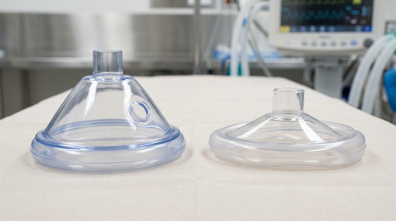 Comparative display showing a standard conical mask alongside a flat diaphragm mask, highlighting the internal volume difference.