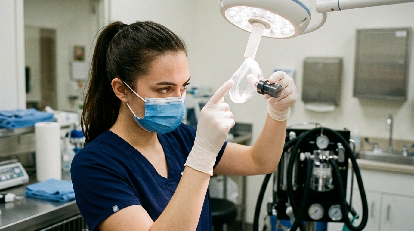 Veterinary technician visually inspecting the silicone seal of a small animal mask against a light source to check for micro-tears.