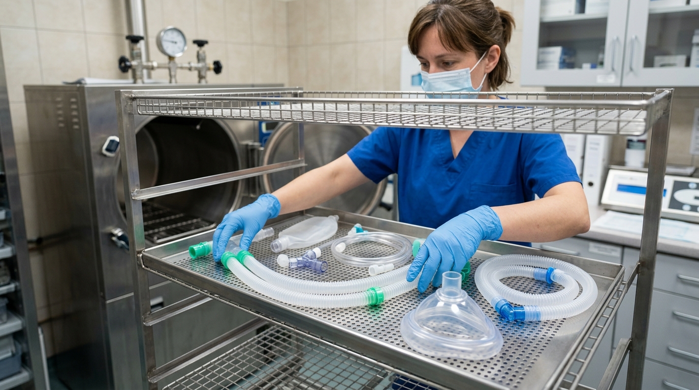 Technician carefully arranging a transparent veterinary mask and breathing circuits on a stainless steel autoclave rack, ensuring no items overlap.