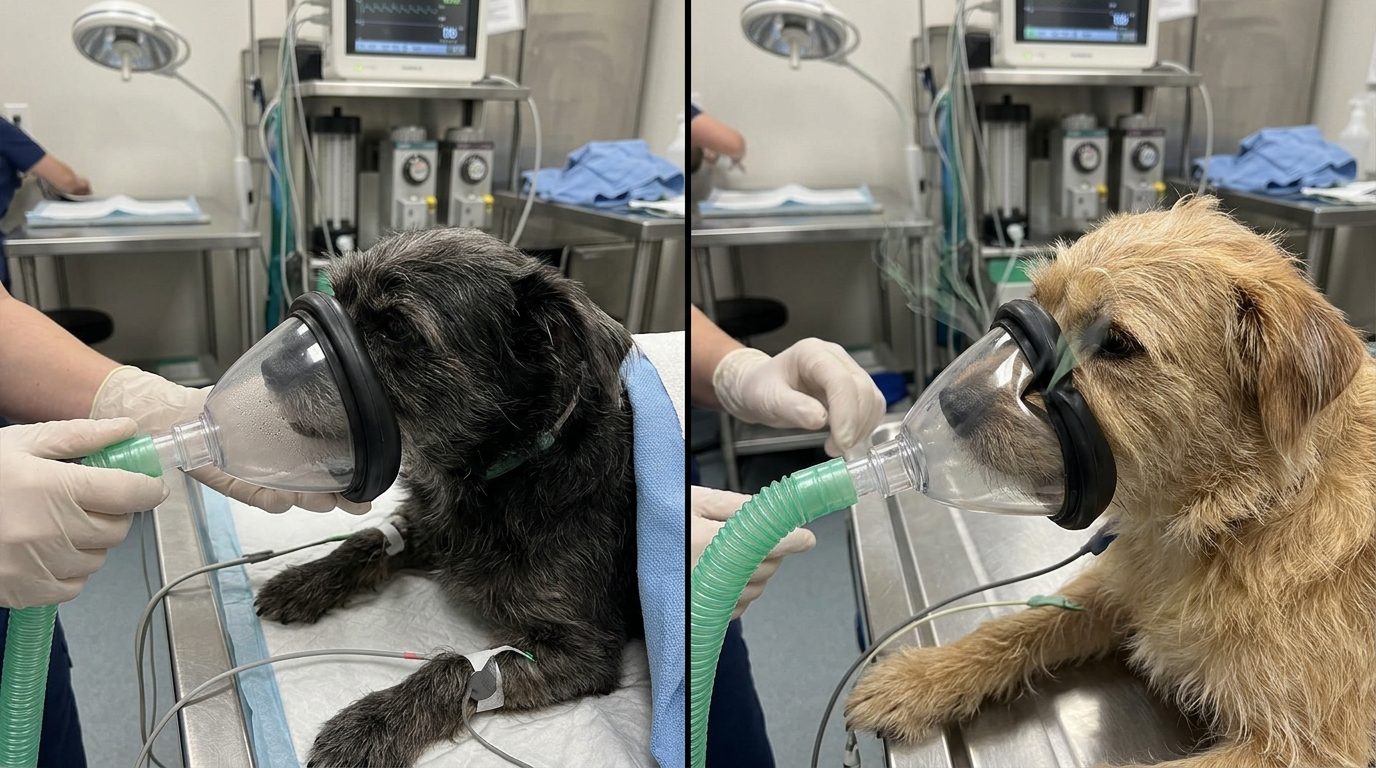 Side-by-side visual comparison of a properly sealed veterinary mask on a canine patient versus a warped mask leaking anesthetic gas.