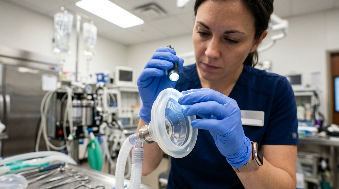 Close-up of a veterinary technician inspecting the silicone diaphragm of an anesthesia mask for micro-tears under bright clinical lighting.