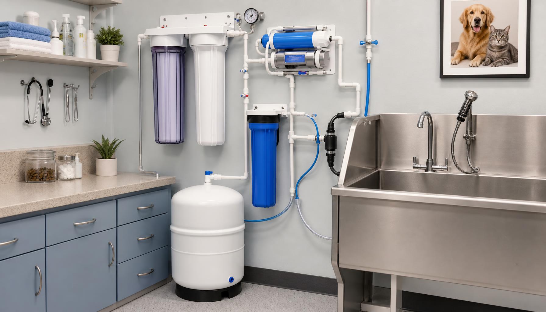 Water purification equipment installed beside a veterinary utility sink with prefilters, pressure gauges, storage tank, and clearly labeled supply lines.