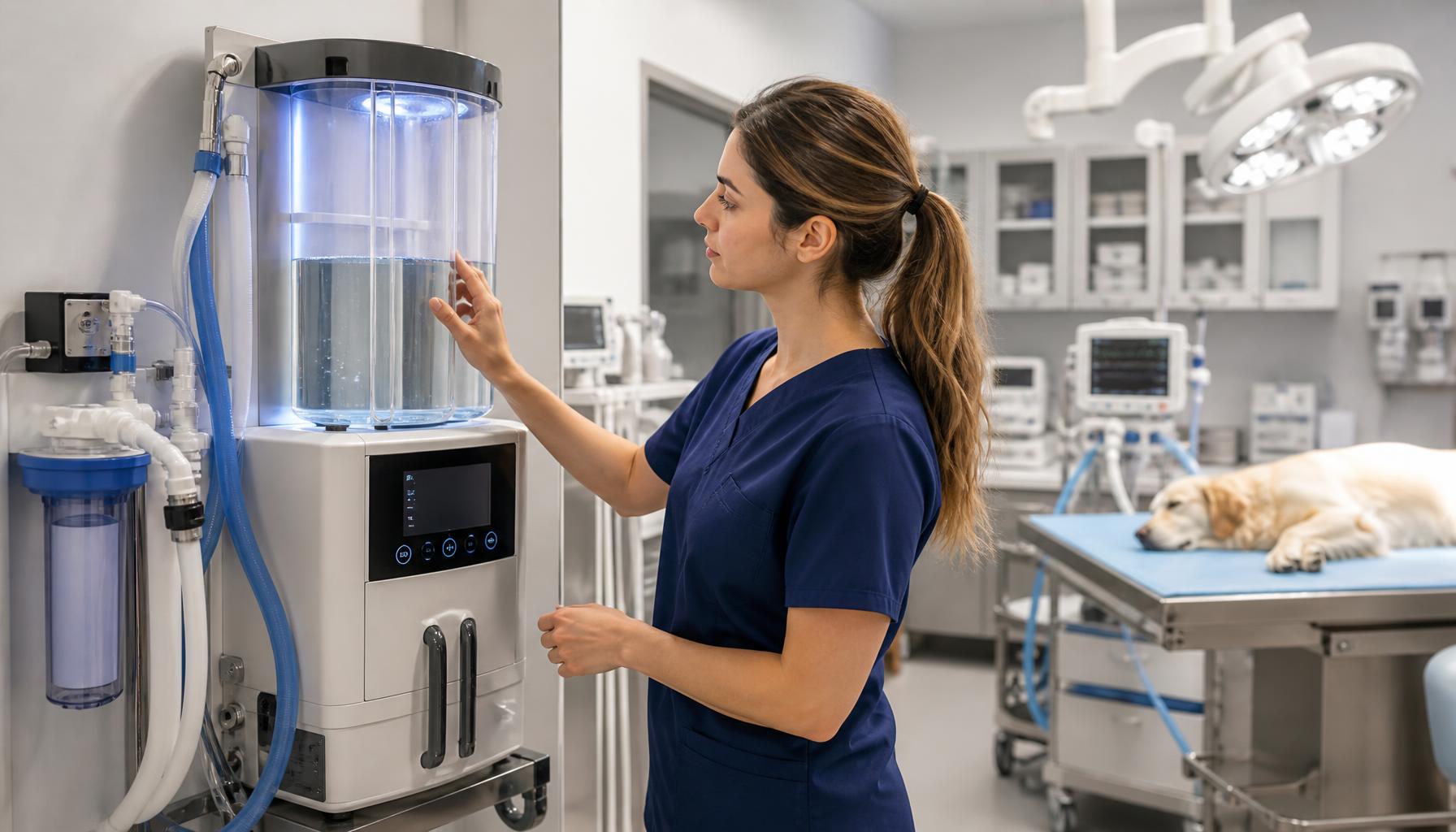 Veterinary technician checks purified-water tank level and conductivity display before a dental and surgical treatment schedule begins.