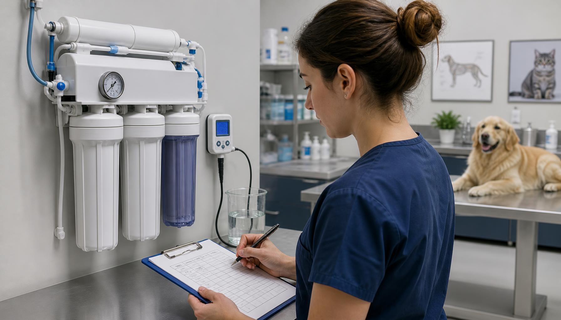 Veterinary clinic staff member records filter replacement date and water-quality reading on a maintenance log beside the purifier.