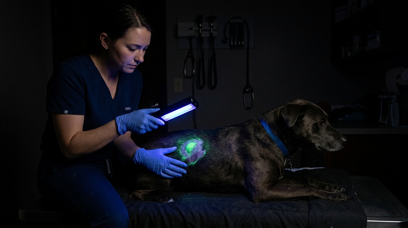 Veterinary technician demonstrating the correct angle to hold a Wood's Lamp over a patient's dermal lesion in a completely darkened room.
