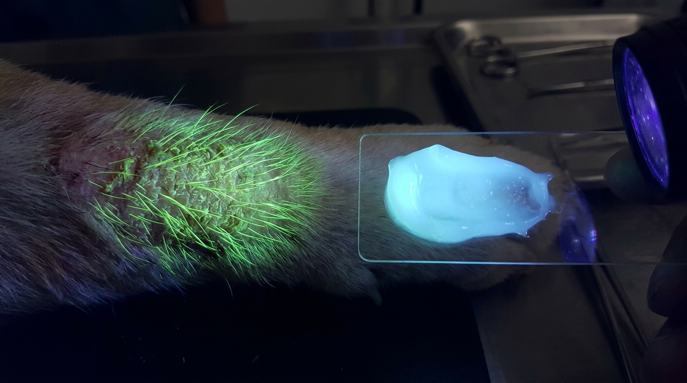 Side-by-side comparison under UV light showing the apple-green fluorescence of ringworm next to the pale blue glow of chlorhexidine ointment.