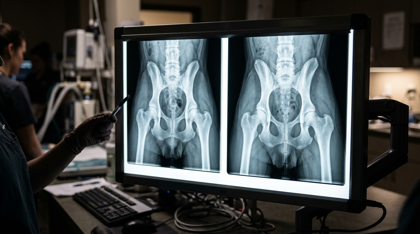 Close-up of a high-luminance dual-bank viewing screen displaying a canine pelvic radiograph with consistent edge-to-edge brightness.