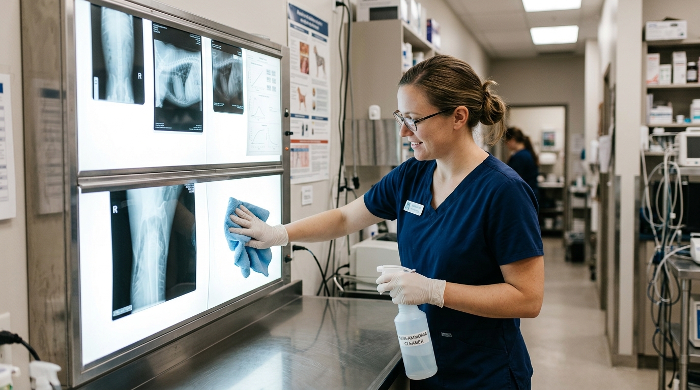 Veterinary technician wiping down the acrylic surface of a quad-bank viewing panel using a microfiber cloth and approved non-ammonia cleaning solution.