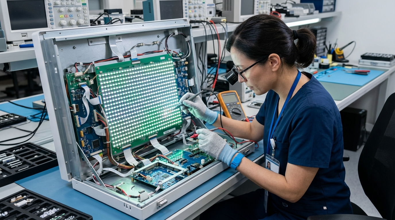 Internal view of an opened viewer chassis showing an organized LED matrix array being inspected by a clinical engineer for diode failure.
